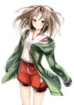  blush brown_eyes brown_hair cowboy_shot haik headband highres hood hoodie japanese_clothes kantai_collection long_hair looking_at_viewer open_clothes open_hoodie shorts simple_background solo white_background zuihou_(kantai_collection) 