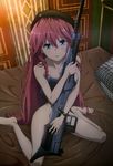  absurdres asami_lilith barefoot beret blue_eyes braid gun hair_between_eyes hat highres light_smile long_hair long_legs looking_at_viewer nude nyantype object_hug official_art on_bed red_hair rifle scan side_braid sitting sniper_rifle solo trinity_seven very_long_hair wariza weapon 