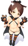  animal_ears anza_tomo bad_id bad_twitter_id bikini black_bikini breasts brown_eyes brown_hair cape cat_ears criss-cross_halter from_above gloves groin halter_top halterneck kantai_collection looking_at_viewer navel open_mouth paw_gloves paws shikinami_(kantai_collection) short_ponytail small_breasts solo string_bikini striped striped_legwear swimsuit thighhighs 