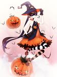  bad_id bad_pixiv_id bare_shoulders black_hair dress eventh7 gloves hat highres jack-o'-lantern long_hair mask original red_eyes strapless strapless_dress striped striped_legwear thighhighs twintails witch_hat 