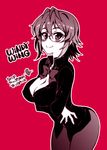 bad_id bad_pixiv_id blush breasts cleavage glasses heart kusanagi_tonbo large_breasts looking_at_viewer monochrome original short_hair simple_background smile solo translation_request 