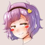  1girl bangs blush blush_stickers brown_eyes closed_mouth commentary_request eyebrows_visible_through_hair grey_background hair_ornament hairband haruka_(haruka_channel) heart heart_hair_ornament komeiji_satori looking_at_viewer portrait purple_hair short_hair simple_background smile solo touhou 