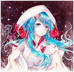  alitia aqua_eyes aqua_hair arms_up artist_name dated dress hair_ornament hatsune_miku highres hood japanese_clothes kimono long_hair looking_at_viewer marker_(medium) smile solo traditional_media twintails uchikake vocaloid wedding_dress wide_sleeves yuki_miku 