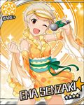  artist_request blonde_hair card_(medium) character_name detached_sleeves earrings idolmaster idolmaster_cinderella_girls jewelry microphone official_art one_eye_closed orange_background pixie_cut red_eyes senzaki_ema short_hair smile solo sun_(symbol) very_short_hair visor_cap 