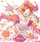  ;d blurry brown_hair choker depth_of_field dress flower frilled_dress frills gloves green_eyes hoshizora_rin looking_at_viewer love_live! love_live!_school_idol_project love_wing_bell nonono one_eye_closed open_mouth outstretched_arms petals reaching short_hair smile solo spread_arms wedding_dress white_dress white_gloves 