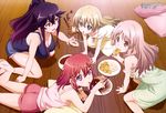  :o absurdres all_fours alternate_hairstyle barefoot blue_hair breasts brown_eyes brown_hair casual cleavage doughnut eating feet food hair_down hair_ornament hairclip highres himeki_chifuyu inou-battle_wa_nichijou-kei_no_naka_de ishida_kazumasa kanzaki_tomoyo kneeling kushikawa_hatoko large_breasts legs lissun_(inou-battle) long_hair looking_at_viewer lying medium_breasts megami mouth_hold multiple_girls nightgown non-web_source official_art on_stomach pillow pink_eyes pocky ponytail red_hair shorts sideboob star star_hair_ornament strap_slip stuffed_animal stuffed_toy takanashi_sayumi tank_top thighs 