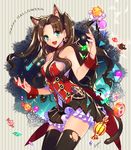  alternate_costume animal_ears bare_shoulders black_legwear blush brown_hair candy cat_ears cat_tail cross cross_earrings earrings empew english fang fate/stay_night fate_(series) food gem green_eyes halloween jewelry long_hair open_mouth ribbon shiny shiny_skin solo standing tail thighhighs toosaka_rin two_side_up wrist_cuffs 