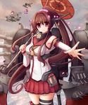  aircraft airplane brown_hair detached_sleeves fairy_(kantai_collection) hair_ornament kantai_collection long_hair looking_at_viewer machinery multiple_girls petals pleated_skirt ponytail red_eyes rizuriri skirt turret type_0_observation_seaplane type_0_reconnaissance_seaplane very_long_hair yamato_(kantai_collection) 