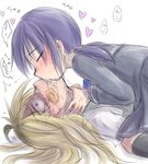  2girls aosora_(mizore) asphyxiation bandage blonde_hair blue_eyes choking kiss multiple_girls original purple_hair red_eyes school_uniform serafuku skirt twintails yuri 