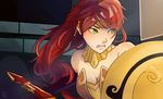 1girl armor bare_shoulders black_gloves breastplate breasts cleavage elbow_gloves forehead_protector gloves gorget green_eyes headband jewelry long_hair medium_breasts open_mouth polearm ponytail pyrrha_nikos red_hair rwby shield shiny shiny_hair signature silenticha solo spear weapon 