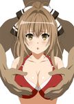  1boy 1girl ahoge amagi_brilliant_park animated animated_gif bad_anatomy bare_shoulders bikini blush breast_grab breasts brown_eyes brown_hair chikan cleavage grabbing groping hair_ribbon kekke large_breasts long_hair looking_at_viewer navel o-ring_top ponytail red_bikini ribbon sento_isuzu shiny shiny_skin simple_background standing sweatdrop swimsuit white_background yellow_eyes 