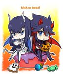  black_hair blue_eyes candy chibi cookie cup demon_girl demon_tail demon_wings eating eyebrows fang food halloween horns junketsu kill_la_kill kiryuuin_satsuki long_hair matoi_ryuuko multicolored_hair multiple_girls puffy_cheeks red_hair senketsu short_hair sitting tail teacup thick_eyebrows two-tone_hair uri_(uryu002) wings 