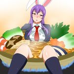  animal_ears bangs black_legwear blazer blue_fire blush breasts bunny_ears collared_shirt commentary cooking crescent fire flame food head_tilt highres in_food jacket lactone large_breasts long_hair looking_at_viewer minigirl object_namesake open_mouth partially_submerged purple_eyes red_eyes reisen_udongein_inaba shirt skillet solo soup steam sweat touhou udon wet wet_clothes 