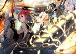  black_hair blue_eyes bullet buttons cable cannon cosmic_break drone dual_wielding electricity explosive firing gauntlets gears green_eyes grey_hair gun hat headgear headphones holding kuhl mine_(weapon) morizo_cs multicolored_hair multiple_girls nora_schneid red_hair skirt thigh_strap two-tone_hair weapon wheel wire 