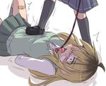  2girls aosora_(mizore) asphyxiation bandage bdsm blonde_hair blue_eyes bondage bound leash lying multiple_girls on_back original purple_hair red_eyes school_uniform serafuku skirt stomping tears twintails yuri 