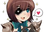  amazora_(terra_battle) blue_eyes blush bow brown_hair eyepatch fingers_together heart heart-shaped_pupils muh_(artfag) open_mouth short_hair shoulder_pads simple_background smile solo sparkle speech_bubble spikes spoken_heart symbol-shaped_pupils terra_battle white_background 