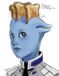  alien asari bald blue_eyes blue_skin food freckles jesscookie liara_t'soni mass_effect solo toast what 