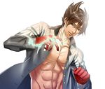  abs bad_id bad_pixiv_id brown_hair electricity gloves lars_alexandersson m_september male_focus muscle open_clothes open_shirt pectorals red_gloves scar shirt solo spiked_hair tekken 