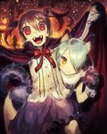  animal_ears brown_hair cape commentary_request cozy fangs fire gloves hair_over_one_eye halloween looking_at_viewer multiple_girls open_mouth original paw_gloves paws red_eyes shirt silver_hair skirt smile tail twintails vampire wolf_ears wolf_tail yellow_eyes 
