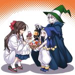  ahoge basket blush brown_hair cloak cookie cosplay dress food gift_bag gloves grin hair_ornament hair_ribbon hairclip halloween hat jack_frost jack_frost_(cosplay) kantai_collection kappougi lantern long_hair mamiya_(kantai_collection) matsuryuu mittens multiple_girls northern_ocean_hime open_mouth orange_eyes pale_skin purple_eyes pyro_jack pyro_jack_(cosplay) re-class_battleship ribbon shin_megami_tensei shinkaisei-kan short_hair smile white_dress white_hair white_legwear witch_hat 