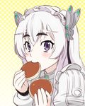  blue blush butterfly_hair_ornament chaika_trabant dorayaki eating eyebrows food hair_ornament hairband halftone halftone_background hitsugi_no_chaika lolita_hairband long_hair looking_at_viewer pale_skin purple_eyes solo thick_eyebrows ueyama_michirou upper_body wagashi white_background 