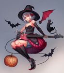  asymmetrical_clothes bare_shoulders bat bat_hair_ornament bat_wings bell bell_collar black_dress black_gloves bloomers boots breasts bryanth cat collar collarbone detached_sleeves dress electric_guitar fingerless_gloves gloves guitar hair_ornament halloween hat high_heel_boots high_heels highres instrument jack-o'-lantern knee_boots layered_dress original red_dress red_eyes silver_hair single_glove small_breasts solo strapless strapless_dress underwear wings witch witch_hat 