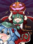  blue_hair blush blush_stickers bow closed_eyes dress english frilled_skirt frills front_ponytail full-face_blush green_hair hair_bobbles hair_bow hair_ornament hair_ribbon halloween happy_halloween hat heart kagiyama_hina kawashiro_nitori long_hair multiple_girls nose_blush open_mouth pocket puffy_short_sleeves puffy_sleeves pumpkin red_dress ribbon rokunen running scared short_hair short_sleeves short_twintails skirt smile tearing_up touhou twintails two_side_up wrist_ribbon 