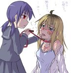  2girls aosora_(mizore) bandage bdsm blonde_hair blue_eyes bondage bound finger_in_mouth leash multiple_girls original purple_hair red_eyes school_uniform serafuku skirt translated twintails yuri 