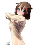  bad_id bad_pixiv_id bespectacled blue_eyes breasts brown_hair clothes_lift dated glasses hair_ornament kantai_collection long_sleeves looking_at_viewer medium_breasts naked_sweater navel nekobaka ribbed_sweater shigure_(kantai_collection) signature simple_background solo sweater sweater_lift underboob undressing white_background 