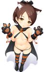  animal_ears anza_tomo bad_id bad_pixiv_id bikini black_bikini breasts brown_eyes brown_hair cape cat_ears criss-cross_halter from_above gloves groin halter_top halterneck highres kantai_collection looking_at_viewer navel open_mouth paw_gloves paws shikinami_(kantai_collection) short_ponytail small_breasts solo string_bikini striped striped_legwear swimsuit thighhighs 