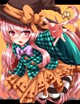  adapted_costume blush bow bubble_skirt commentary_request hat hat_bow hata_no_kokoro highres jack-o'-lantern long_hair long_sleeves open_mouth pantyhose pink_eyes pink_hair shirt skirt solo striped striped_legwear touhou very_long_hair wide_sleeves witch_hat zan_(harukahime) 