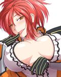  1girl azanami_(pso2) black_gloves breasts brown_eyes dress erect_nipples female gloves highres huge_breasts naughty_face no_bra phantasy_star phantasy_star_online_2 ponytail red_hair saliva short_hair short_ponytail simple_background sketch solo taro tongue tongue_out upper_body white_background yellow_eyes 