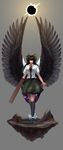  absurdres arm_cannon backlighting black_hair black_legwear black_wings bow breasts eclipse floating_rock galaxy green_skirt grey_background hair_bow highres kneehighs large_breasts large_wings lips looking_at_viewer minami_koyogi nose open_hand outstretched_arms red_eyes reiuji_utsuho shoes short_sleeves simple_background skirt solar_eclipse solo space standing third_eye touhou weapon wings 