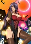  1girl blue_eyes breasts cleavage dark_skin female halloween ikkitousen kan&#039;u_unchou kan'u_unchou large_breasts long_hair nail_polish official_art purple_hair smile solo thighhighs 