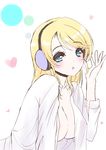  ayase_eli blonde_hair blue_eyes blush breasts frapowa heart large_breasts long_hair looking_at_viewer love_live! love_live!_school_idol_project no_bra open_clothes open_shirt shirt solo 