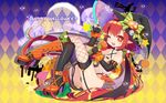  elbow_gloves fingerless_gloves gloves halloween happy_halloween hat highres mvv one_eye_closed original pointy_ears red_eyes red_hair solo star star-shaped_pupils symbol-shaped_pupils thighhighs wings witch_hat 