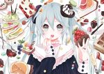  aqua_eyes aqua_hair aqua_nails artist_name cake candy chocolate face food fruit hatsune_miku long_hair looking_at_viewer m&amp;m's mia0309 nail_polish open_mouth solo strawberry twintails upper_body vocaloid white_background 