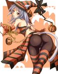  absurdres animal_ears ass bat cat_ears cat_tail chain cyoppu ears_through_headwear fangs from_behind gloves grey_hair halloween hat highres jack-o'-lantern key kneepits long_hair looking_back orange_gloves original panties panties_under_pantyhose pantyhose red_eyes solo standing striped striped_hat striped_legwear striped_panties tail thighhighs thighhighs_over_pantyhose underwear witch_hat 