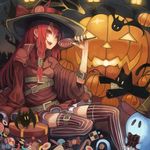  :d bat candy cat fang food ghost halloween hat holding jack-o'-lantern lollipop long_hair looking_at_viewer open_mouth original red_eyes red_hair sitting smile solo v-shaped_eyebrows window1228 witch_hat 