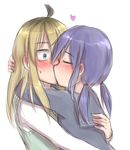  2girls aosora_(mizore) bandage blonde_hair blue_eyes hug kiss multiple_girls original purple_hair red_eyes school_uniform serafuku skirt twintails yuri 