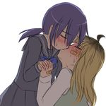  2girls aosora_(mizore) bandage blonde_hair blue_eyes hand_holding kiss multiple_girls original purple_hair red_eyes school_uniform serafuku skirt twintails yuri 