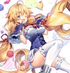  1girl ;d ahoge ass azur_lane bangs blonde_hair blouse blue_gloves blush braid breasts candy capelet corset doughnut food garter_straps gloves green_eyes holding holding_plate large_breasts le_temeraire_(azur_lane) leg_up long_hair looking_at_viewer macaron one_eye_closed open_mouth plate pudding red_ribbon ribbon riichu sidelocks skirt smile solo star thighhighs twin_braids twintails underbust very_long_hair white_legwear 