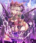  asymmetrical_gloves blonde_hair breasts cleavage crown demon_girl demon_tail demon_wings energy finger_licking fingerless_gloves gloves horns kibanda_gohan large_breasts licking mini_crown purple_eyes purple_legwear shingoku_no_valhalla_gate short_hair solo tail thighhighs wings 