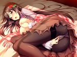  ass bed black_hair black_legwear blush breasts brown_eyes clothed_masturbation crotch_seam erect! euphoria_trinity flower game_cg hair_ornament large_breasts long_hair lying masturbation masturbation_through_clothing nipple_tweak nipples on_side open_mouth panties panties_under_pantyhose pantyhose piromizu saliva self_fondle shirt_lift skirt solo thighband_pantyhose underwear white_panties 