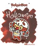  artist_request bakumbaa bandages halloween non-web_source outstretched_arms red_background simple_background skull solo undead 