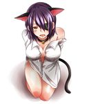  adapted_costume animal_ears arms_behind_back blouse bottomless breasts cat_ears cat_tail eyepatch hairband highres kantai_collection kemonomimi_mode large_breasts looking_at_viewer open_blouse open_clothes purple_hair restrained seiza short_hair silco sitting slit_pupils solo tail tenryuu_(kantai_collection) white_blouse yellow_eyes 