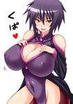 bare_shoulders blush breasts cleavage cleavage_cutout covered_nipples highres huge_breasts konno_tohiro liebert looking_at_viewer majin_bone nail_polish open_mouth purple_hair red_eyes short_hair smile solo 