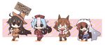  4girls :&gt; :&lt; akatsuki_(kantai_collection) animal_ears ascot bad_id bad_pixiv_id black_hair blue_hair brown_hair candy chibi collar fang food ghost gloves hair_ornament hairclip halloween halloween_costume hat hibiki_(kantai_collection) ikazuchi_(kantai_collection) inazuma_(kantai_collection) jiangshi kantai_collection lollipop multiple_girls open_mouth pantyhose paw_gloves paws placard shiro_to_yama sign skirt solid_oval_eyes swirl_lollipop tail trick_or_treat werewolf witch witch_hat 