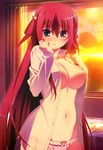  absurdres blue_eyes blush bow bow_panties breasts cleavage frilled_panties frills grisaia_(series) grisaia_no_kajitsu hair_rings highres large_breasts navel nyantype official_art open_clothes open_shirt panties pink_panties red_hair scan shirt solo sunset suou_amane two_side_up underwear 