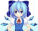  blue_eyes blue_hair bow cirno dress grin hair_bow hands_on_hips ice ice_wings short_hair smile solo touhou wings yagami_(mukage) 